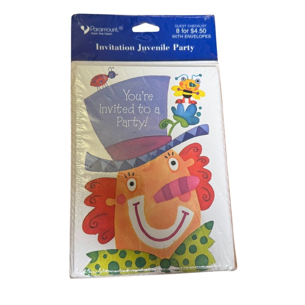 Paramount Vintage Clown Kids Birthday Party Invitations 8 Sealed PK-450-9261‎